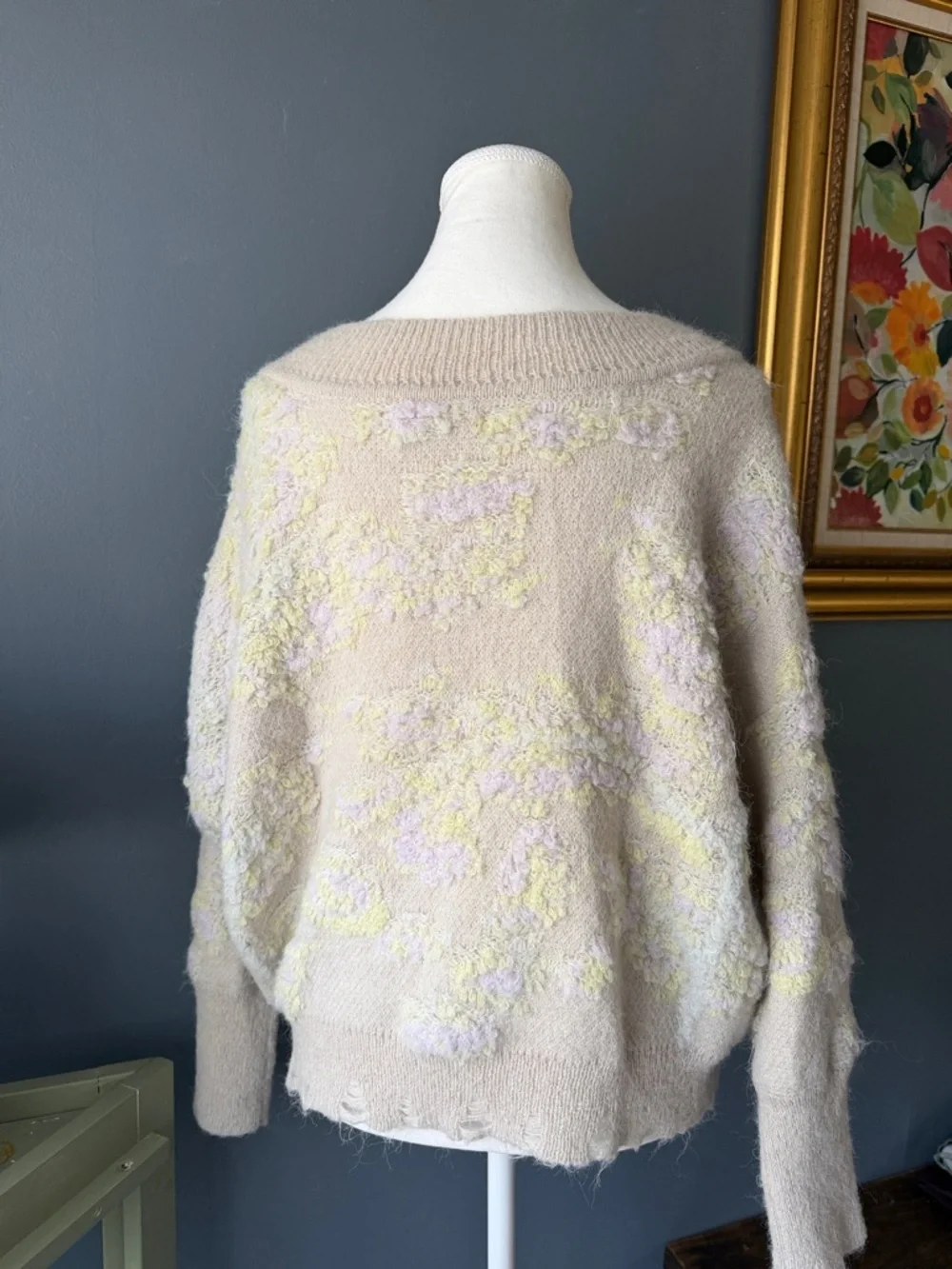 Anthropologie Beige V-Neck Sweater with Pastel Floral Accents - Picture 4 of 5